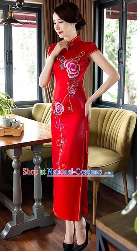 Traditional Top Grade Chinese Elegant Printing Peony Red Cheongsam China Tang Suit Qipao Dress for Women