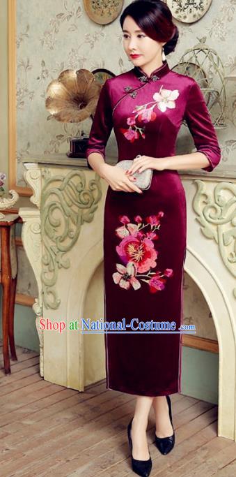 Traditional Chinese Elegant Printing Purple Velvet Cheongsam China Tang Suit Qipao Dress for Women