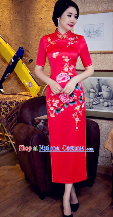 Chinese Traditional Costume Elegant Cheongsam China Tang Suit Printing Butterfly Flowers Red Qipao Dress for Women