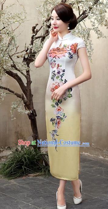 Chinese Traditional Costume Printing Flowers Yellow Cheongsam China Tang Suit Silk Qipao Dress for Women