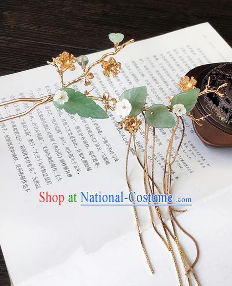 Traditional Handmade Chinese Ancient Classical Hair Accessories Jade Leaf Hairpins Tassel Hair Clips for Women