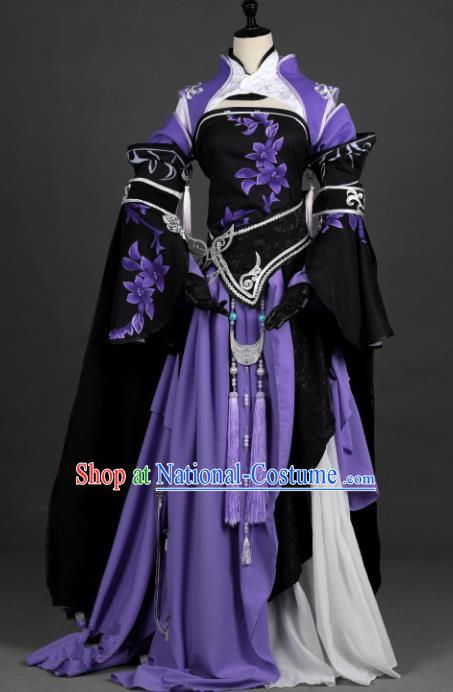 Chinese Ancient Heroine Costume Cosplay Female Knight-errant Swordswoman Purple Dress Hanfu Clothing for Women