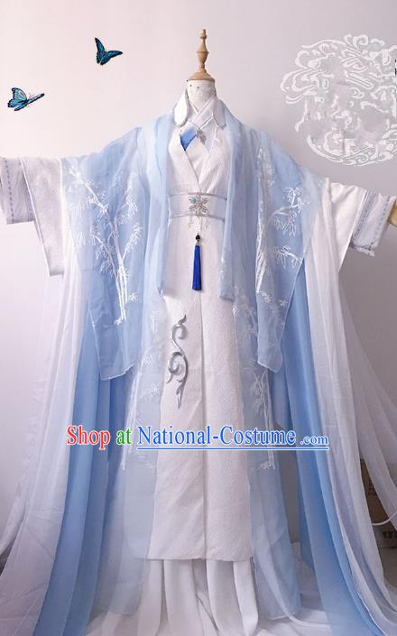 Chinese Ancient Nobility Childe Prince Blue Costume Cosplay Swordsman Embroidered Clothing for Men