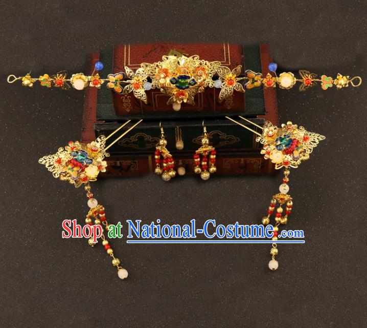 Chinese Traditional Hair Accessories Bride Xiuhe Suit Blueing Hair Clip Ancient Jade Hairpins Complete Set for Women