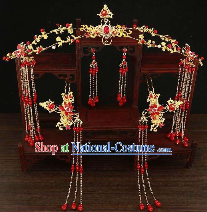 Chinese Traditional Xiuhe Suit Hair Accessories Ancient Handmade Red Beads Tassel Hairpins Complete Set for Women