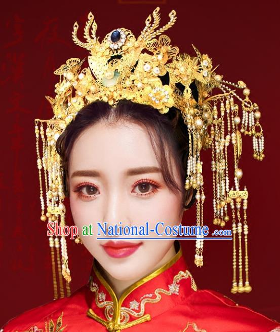 Chinese Traditional Hair Accessories Xiuhe Suit Handmade Pearls Tassel Phoenix Coronet Ancient Hairpins Tassel Step Shake for Women