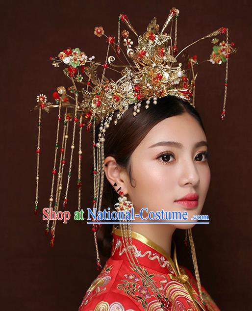 Chinese Traditional Handmade Hair Accessories Xiuhe Suit Phoenix Coronet Ancient Hairpins Step Shake for Women