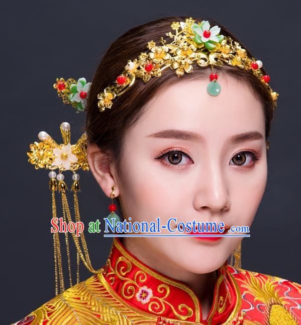 Chinese Traditional Handmade Hair Accessories Hair Comb Ancient Hairpins Xiuhe Suit Hair Clips Complete Set for Women