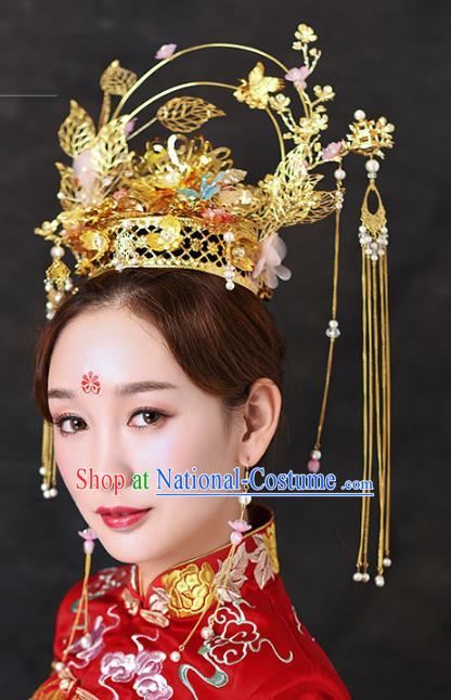 Chinese Traditional Handmade Hair Accessories Ancient Tassel Phoenix Coronet Hairpins Complete Set for Women