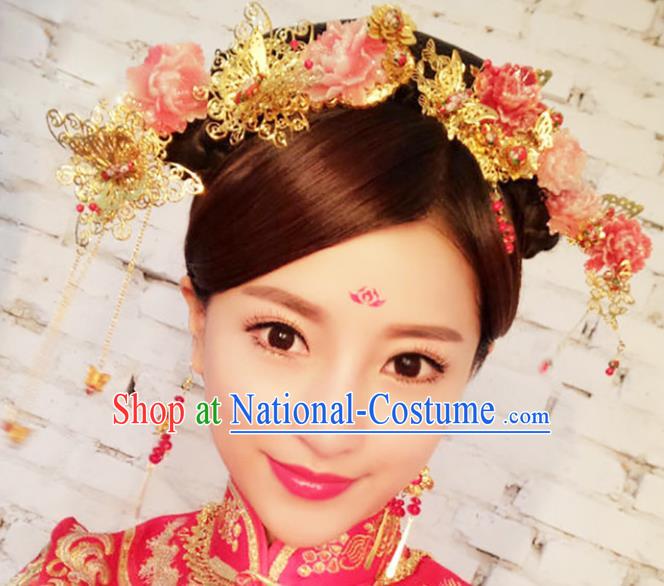 Chinese Traditional Handmade Hair Accessories Ancient Hairpins Xiuhe Suit Flowers Hair Clips Complete Set for Women