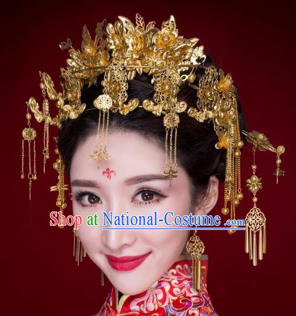 Chinese Traditional Wedding Xiuhe Suit Golden Butterfly Phoenix Coronet Hair Accessories Ancient Hairpins Complete Set for Women