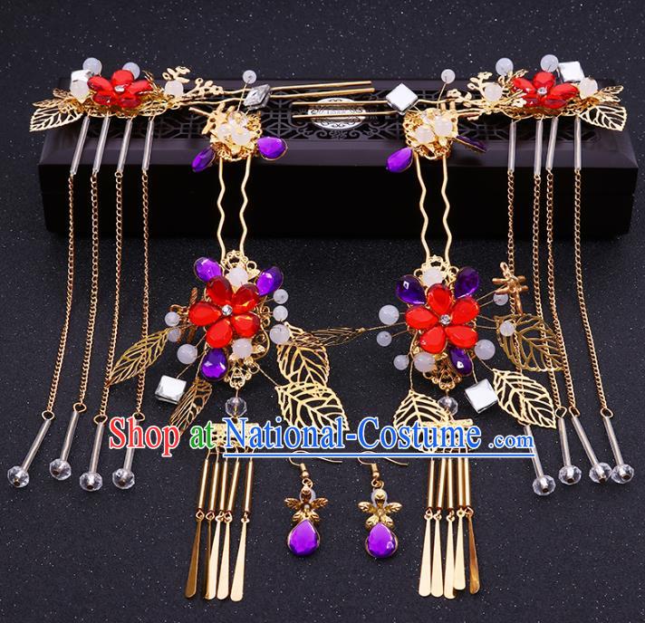 Chinese Traditional Xiuhe Suit Hair Accessories Ancient Purple Crystal Hairpins Complete Set for Women