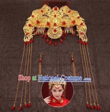 Chinese Traditional Hair Accessories Ancient Hairpins Red Beads Phoenix Coronet for Women