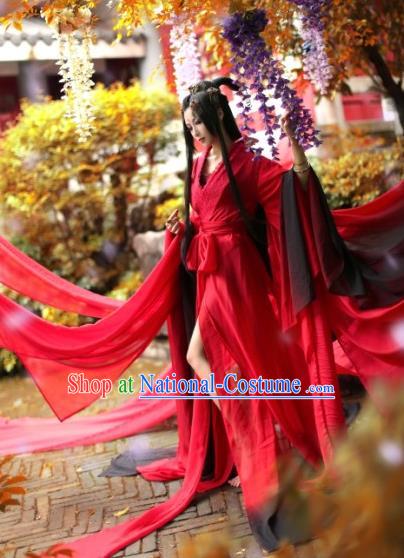 Chinese Ancient Cosplay Swordswoman Costume Jin Dynasty Female Knight Red Hanfu Dress for Women