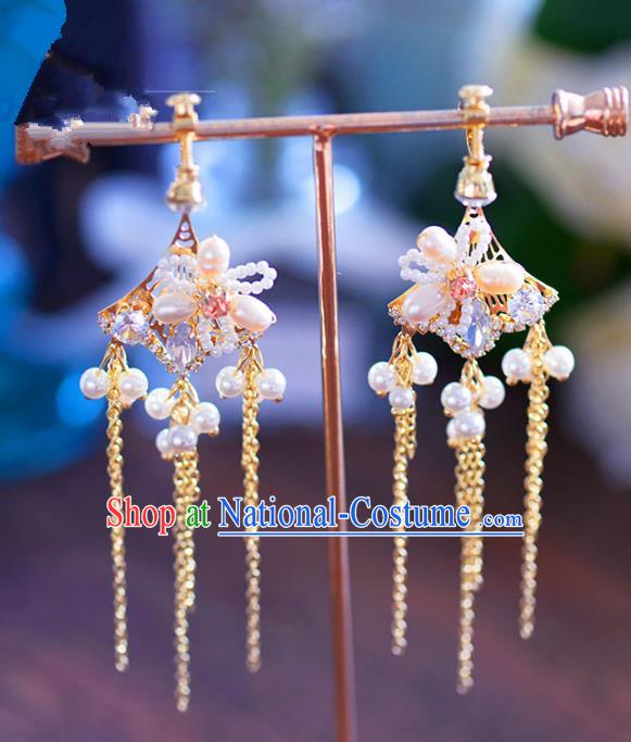 Chinese Handmade Jewelry Accessories Ancient Hanfu Pearls Tassel Earrings for Women