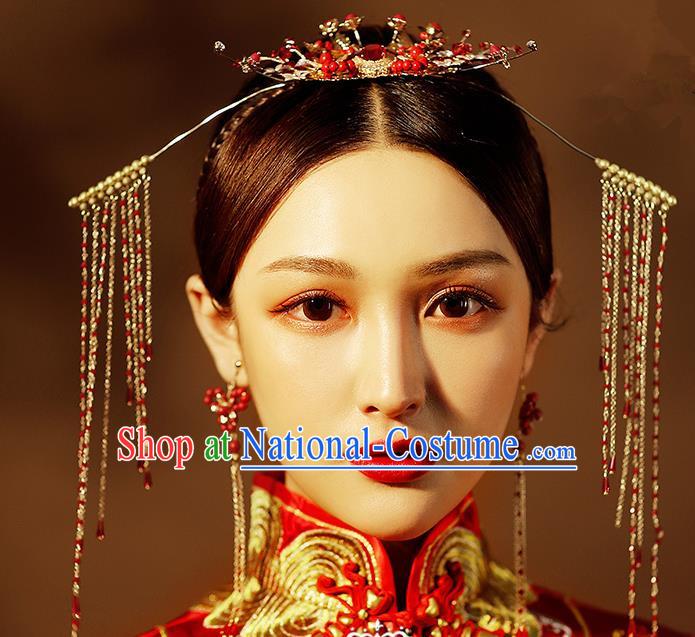 Chinese Ancient Handmade Tassel Phoenix Coronet Hair Accessories Traditional Xiuhe Suit Hairpins for Women