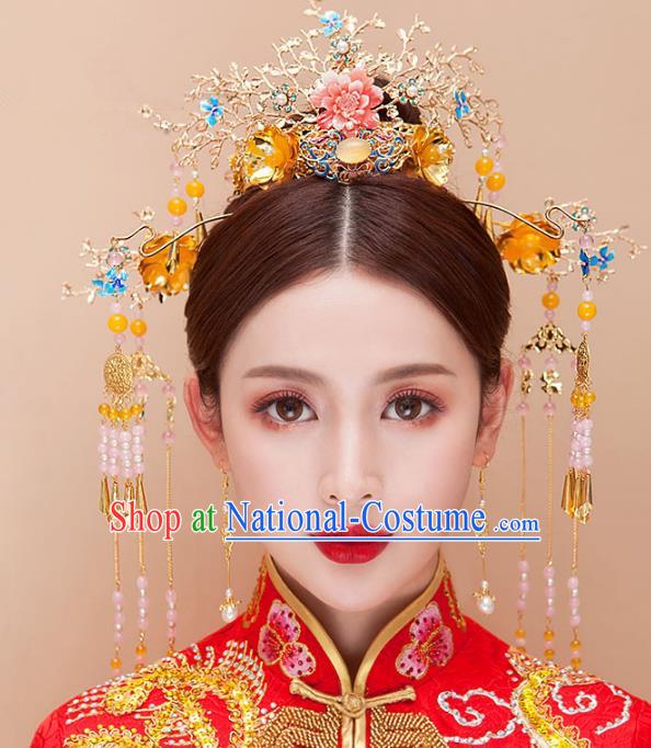 Chinese Ancient Handmade Xiuhe Suit Phoenix Coronet Traditional Tassel Hairpins Hair Accessories Complete Set for Women