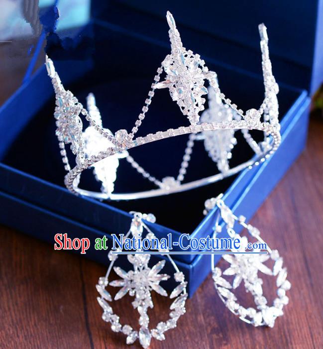 Handmade Baroque Hair Jewelry Accessories Royal Crown Princess Crystal Round Imperial Crown and Earrings for Women