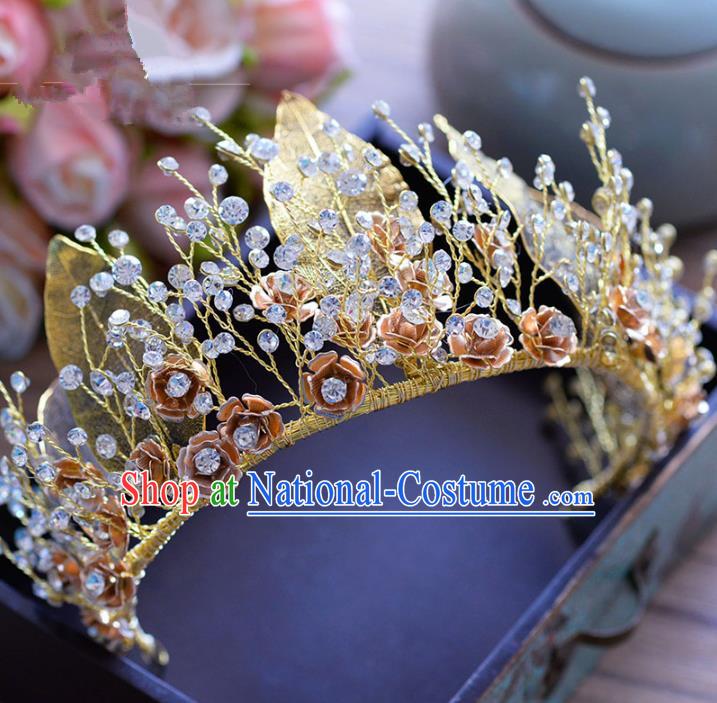 Top Grade Handmade Baroque Golden Leaf Royal Crown Bride Zircon Hair Imperial Crown for Women