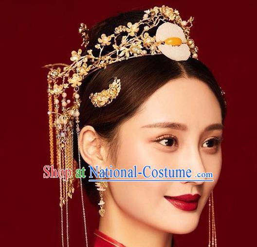 Chinese Ancient Handmade Palace Jade Phoenix Coronet Hair Accessories Traditional Hairpins Complete Set for Women