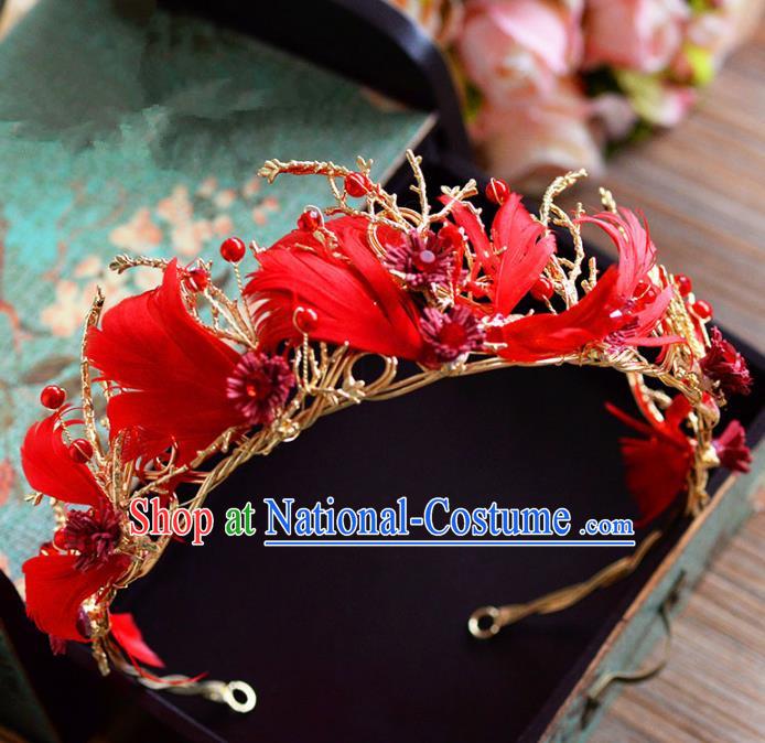 Top Grade Handmade Hair Accessories Baroque Red Feather Royal Crown Headwear for Women