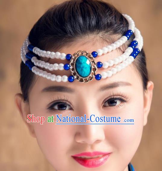 Traditional Chinese Mongol Nationality Dance Hair Accessories, Handmade Mongolian Minority White Beads Hair Clasp Headwear for Women