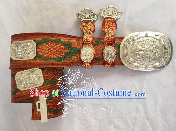 Traditional Chinese Mongol Nationality Waist Accessories Mongolian Robe Leather Belts Waistband for Men