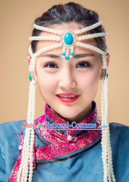 Chinese Traditional Folk Dance Kallaite Hair Accessories White Beads Hair Clasp, Mongolian Minority Dance Headwear for Women