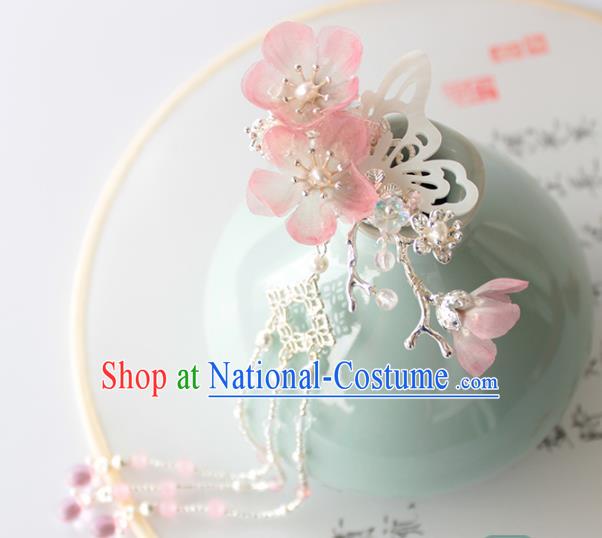 Chinese Ancient Handmade Palace Pink Flowers Hair Clip Hair Accessories Hanfu Shell Butterfly Hairpins for Women