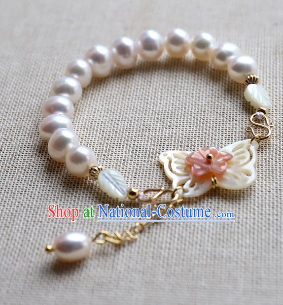 Chinese Ancient Handmade Classical Shell Butterfly Brace Lace Accessories Hanfu Pearls Bracelets for Women