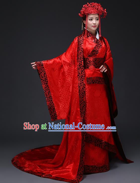 Chinese Ancient Wedding Costumes Han Dynasty Empress Red Hanfu Dress Clothing and Headpiece Complete Set for Women