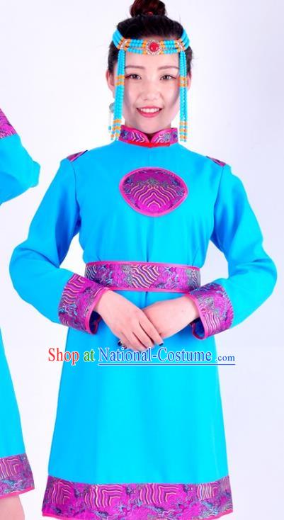 Chinese Mongol Nationality Costume Traditional Mongolian Minority Sky Blue Dress for Women