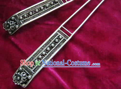 Chinese Traditional Miao Nationality Hair Accessories Hanfu Antique Sliver Hairpins for Women