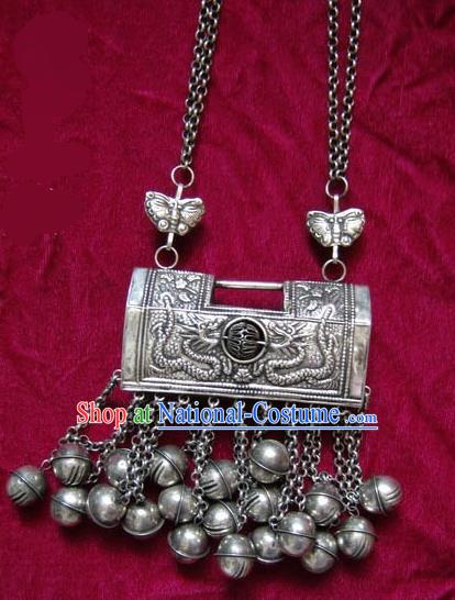 Chinese Miao Nationality Ornaments Longevity Lock Traditional Hmong Handmade Sliver Necklace for Women