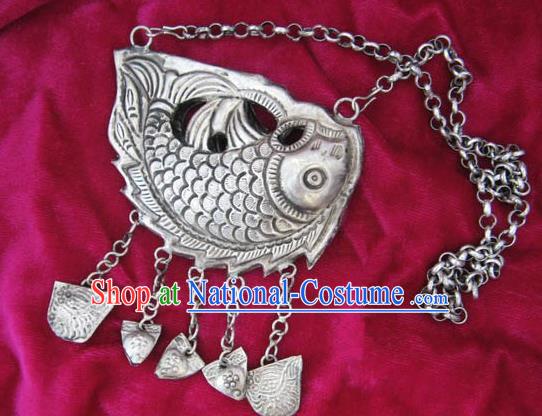 Chinese Miao Nationality Ornaments Sliver Fish Necklace Traditional Hmong Handmade Longevity Lock for Women