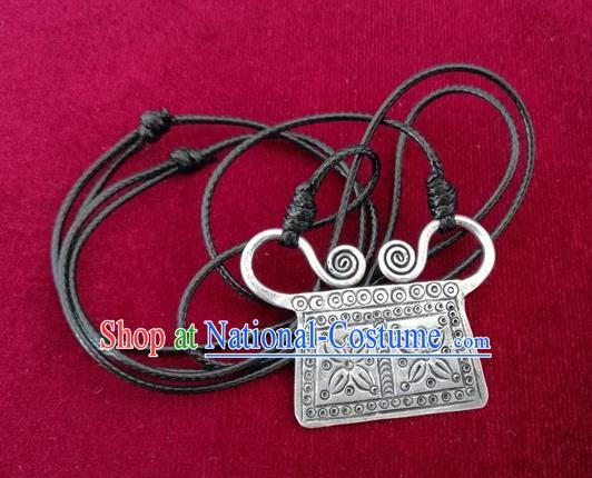 Chinese Miao Sliver Ornaments Carving Necklace Traditional Hmong Necklet Pendant for Women