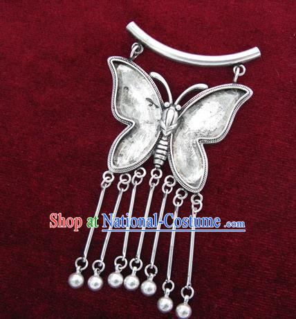 Chinese Miao Sliver Ornaments Tassel Necklace Traditional Hmong Butterfly Necklet Pendant for Women