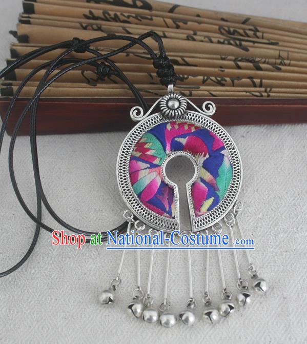 Chinese Miao Sliver Ornaments Embroidered Necklace Traditional Hmong Handmade Necklet Pendant for Women