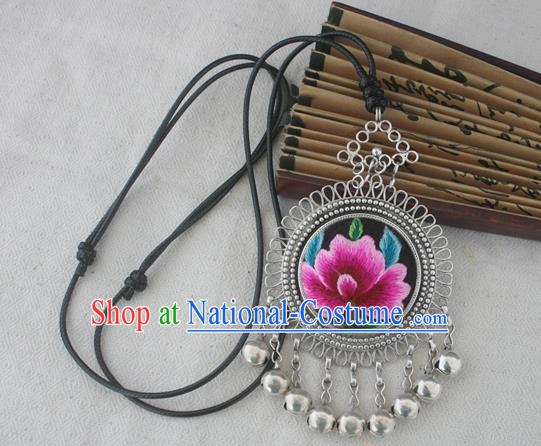 Chinese Miao Sliver Ornaments Embroidered Pink Peony Necklace Hmong Handmade Necklet Pendant for Women