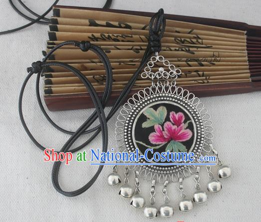 Chinese Miao Sliver Ornaments Embroidered Necklace Hmong Handmade Necklet Pendant for Women