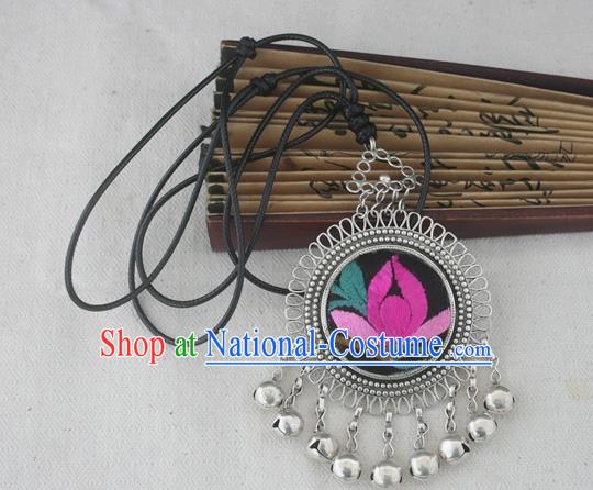 Chinese Miao Sliver Ornaments Embroidered Lotus Necklace Hmong Handmade Necklet Pendant for Women