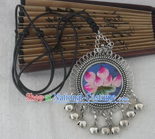 Chinese Miao Sliver Ornaments Embroidered Lotus Blue Necklace Hmong Handmade Necklet Pendant for Women