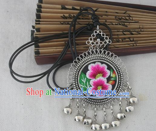 Chinese Miao Sliver Ornaments Embroidered Petunia Necklace Hmong Handmade Necklet Pendant for Women