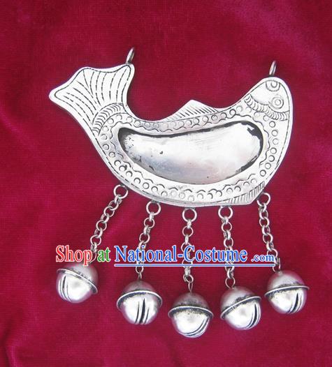 Chinese Miao Sliver Ornaments Carving Fish Necklace Traditional Hmong Necklet Pendant for Women