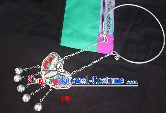 Traditional Chinese Miao Sliver Butterfly Necklace Ornaments Hmong Embroidered Longevity Lock for Women