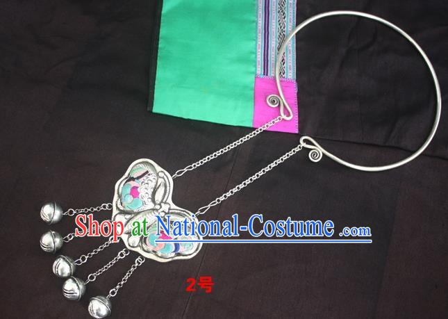 Traditional Chinese Miao Sliver Carving Butterfly Necklace Ornaments Hmong Embroidered Longevity Lock for Women