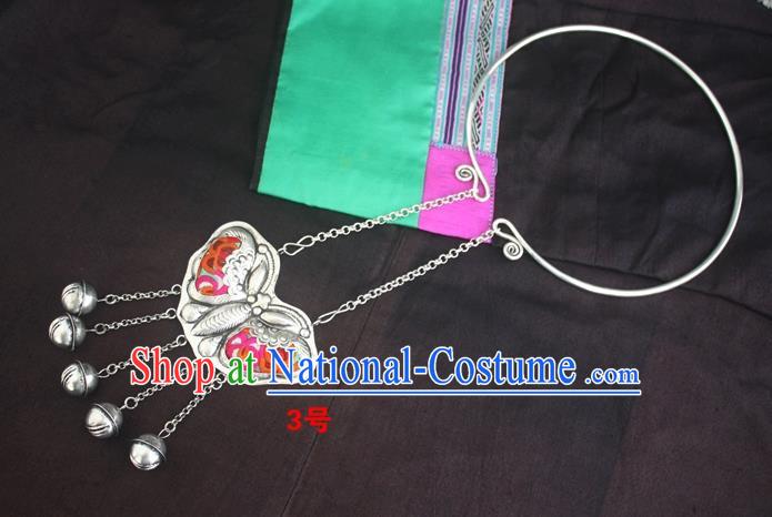 Traditional Chinese Miao Sliver Carving Butterfly Necklace Hmong Ornaments Embroidered Longevity Lock for Women