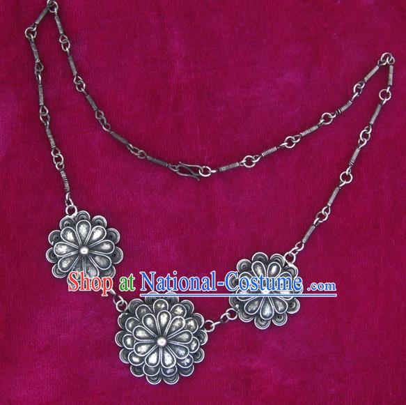 Traditional Chinese Miao Sliver Carving Flowers Necklace Hmong Ornaments Longevity Lock for Women