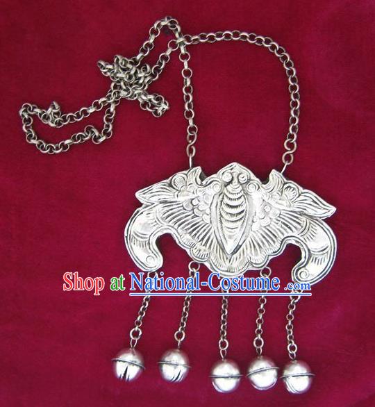 Traditional Chinese Miao Sliver Carving Bat Necklace Hmong Ornaments Longevity Lock for Women