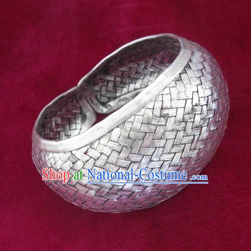 Handmade Chinese Miao Nationality Wide Bracelet Traditional Hmong Sliver Bangle for Women